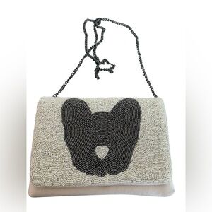 Cream and Black Beaded french bulldog  Handbag metal strap or clutch style